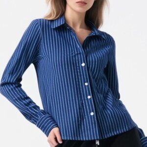 Foxcroft Womens Anti Wrinkle Blue White Pinstripe Long Sleeve Work Career Size M